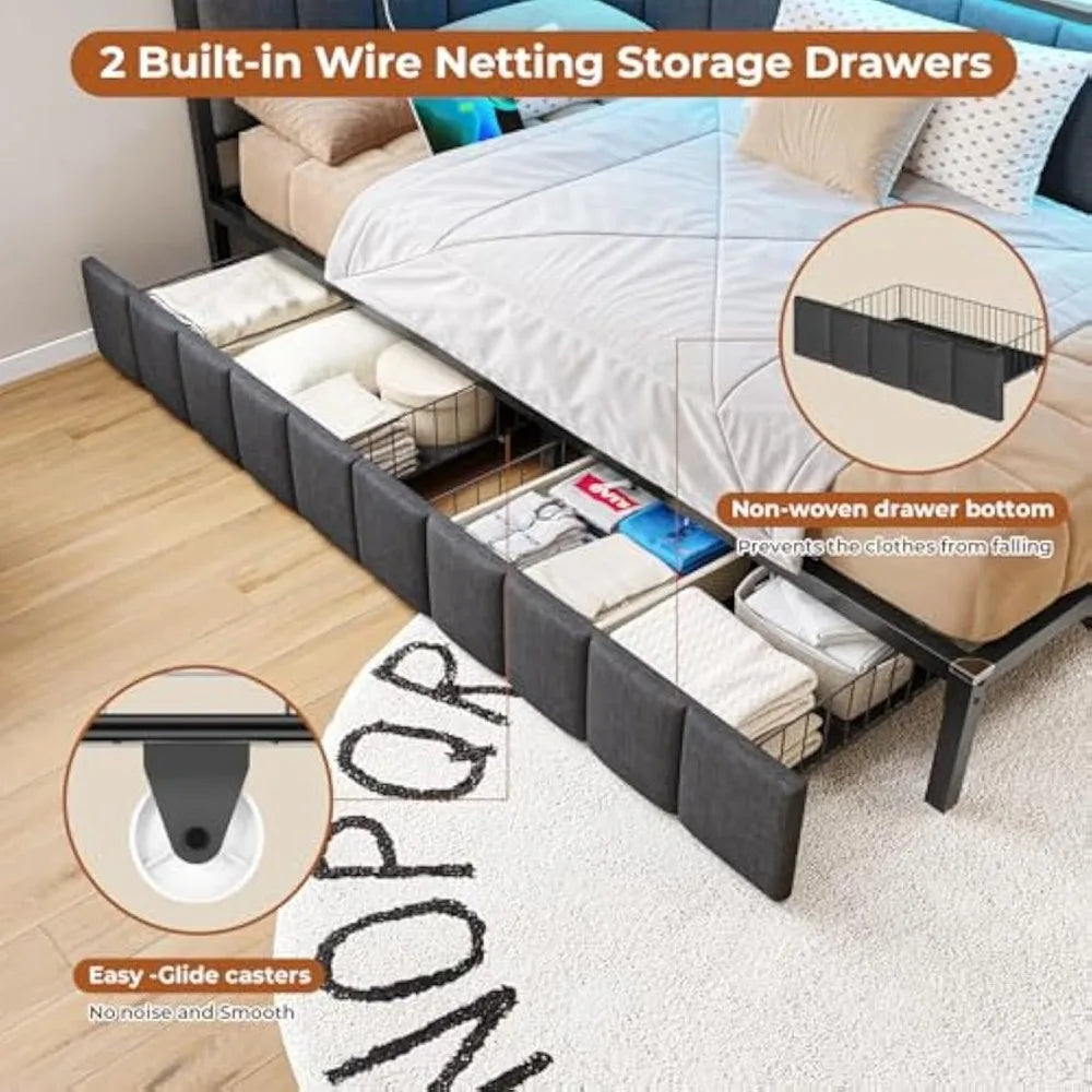 Full Size Platform Bed with Storage Drawers, Charging Station, LED Lights, and Upholstered Corner Frame
