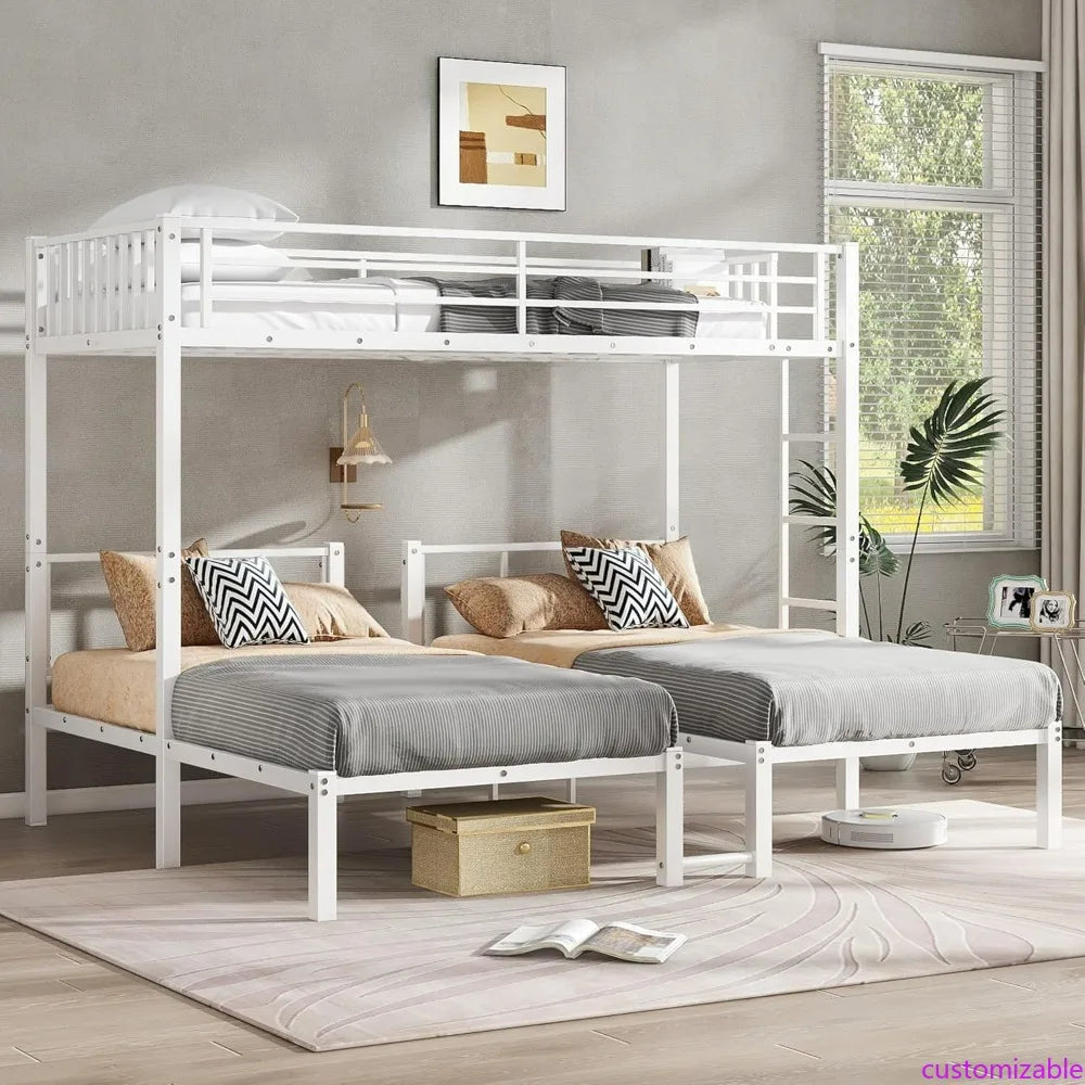Sturdy Triple Bunk Bed for Three Children with Twin Mattresses, Safety Rails, and Access Ladder