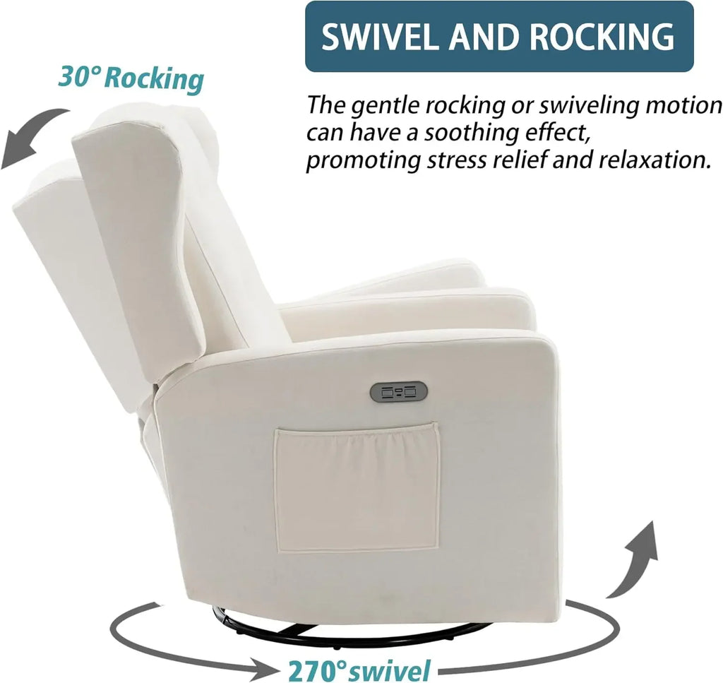 Power Swivel Rocking Recliner Chair, Electric Rocker Nursery Glider Chair, Upholstered Fabric/ Reclining Single Sofa Chair