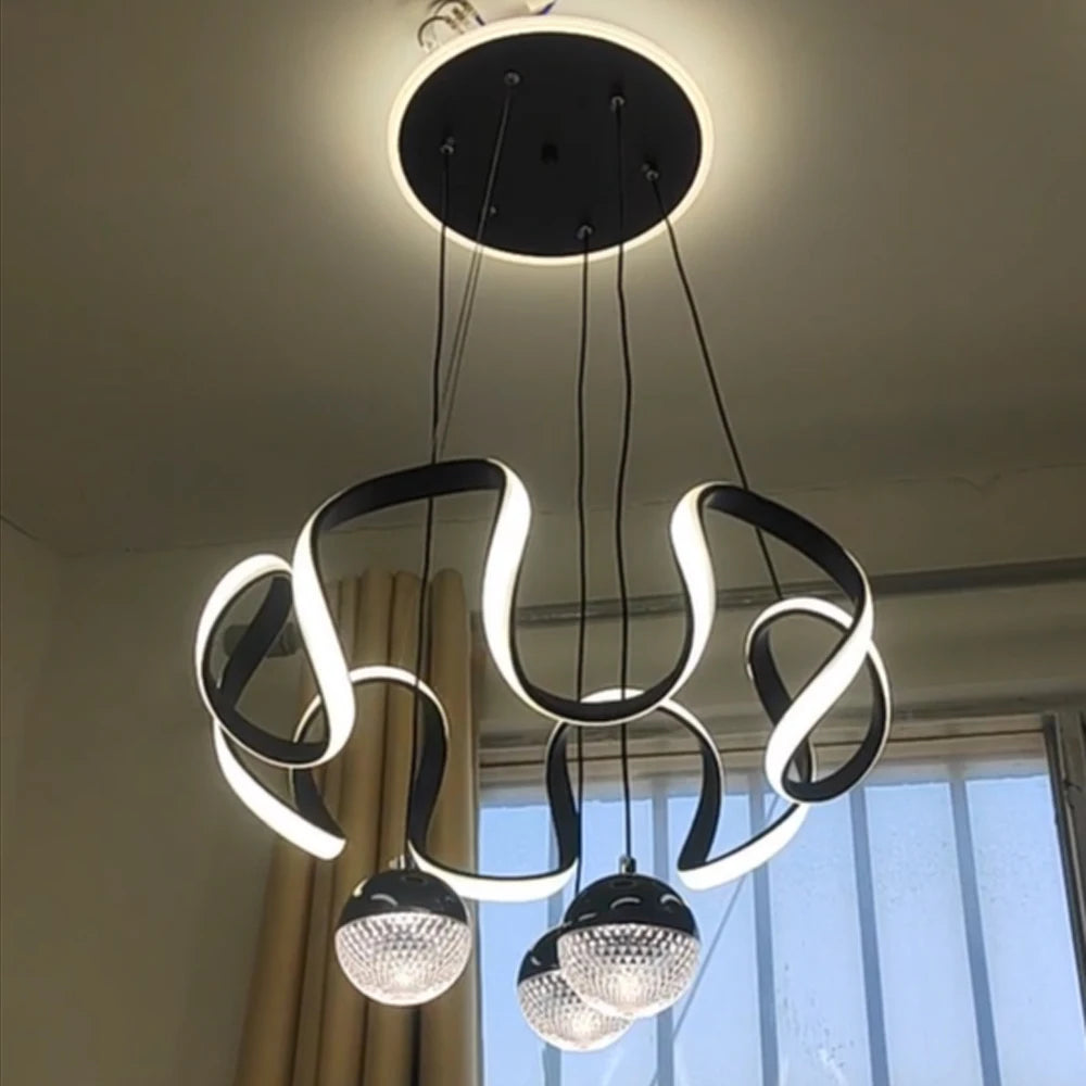 Modern LED Pendant Light with a Wavy Light Ring, Remote Control, Three Adjustable Light Colors, and Adjustable Height; Suitable for Bedrooms, Living Rooms, Above Dining Tables, and Living Rooms