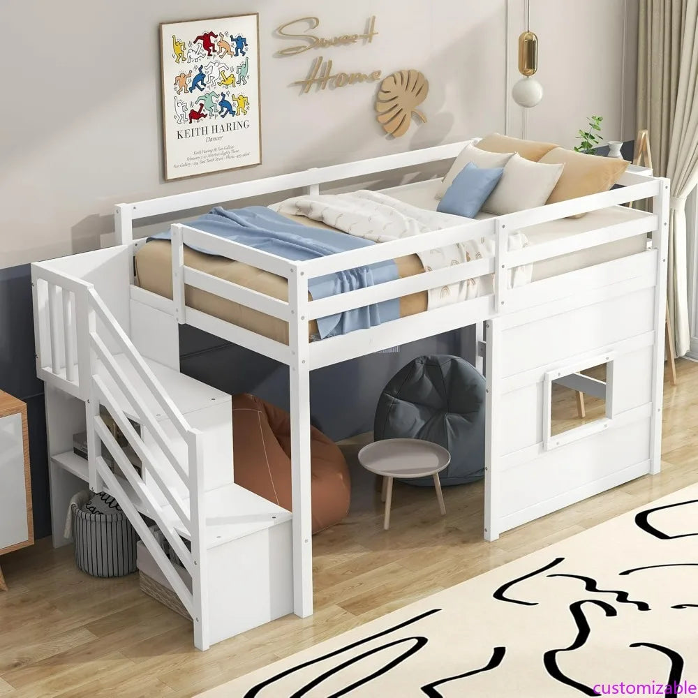 Twin-Size Loft Bed with Storage, Steps, and Spacious Underbed Area for Teens and Children, Solid Wood Construction, Full-Size