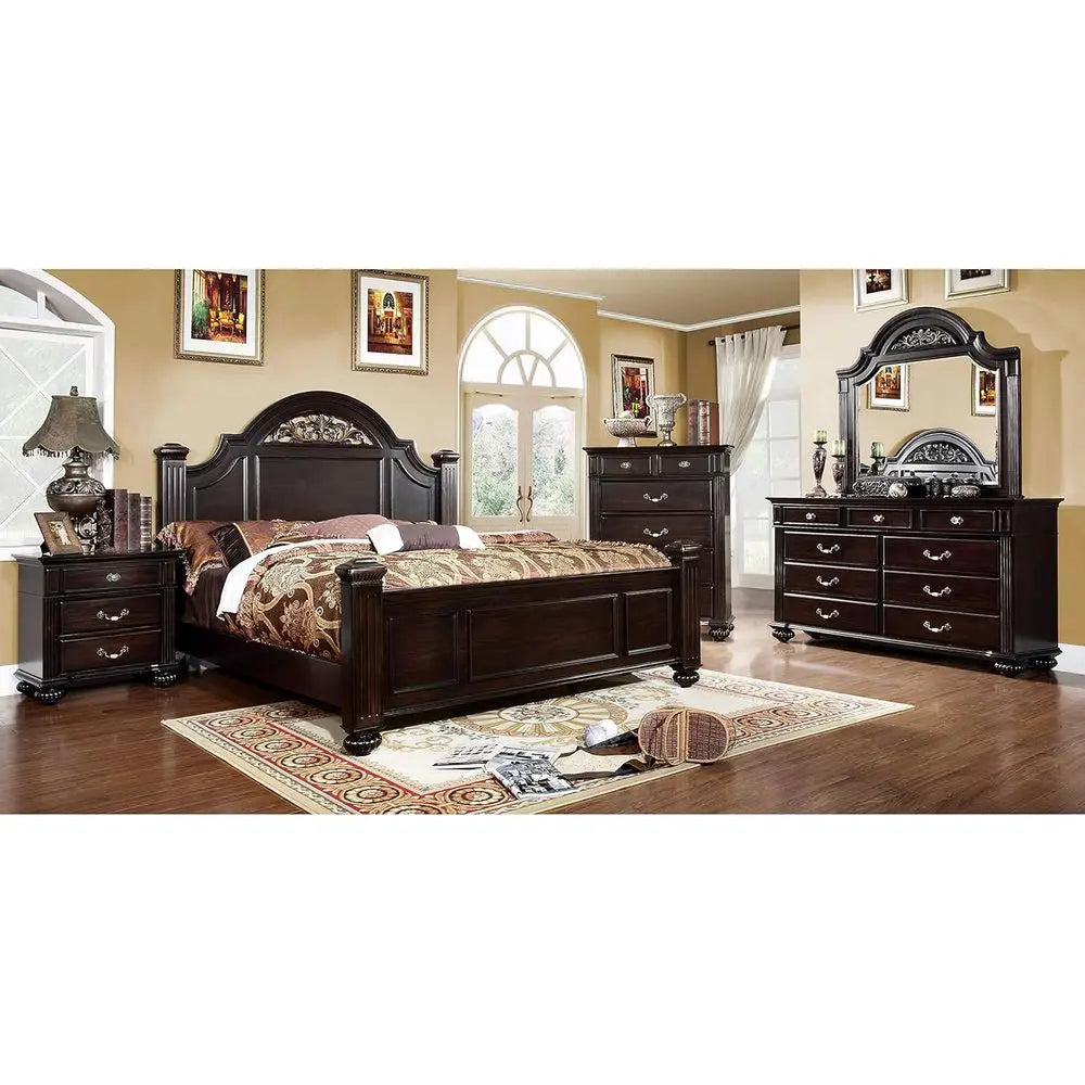 6-Piece Solid Wood Traditional Bedroom Set with Chest, Mirrored Dresser, 2 Nightstands, Requires Box Spring, Queen Size, Walnut