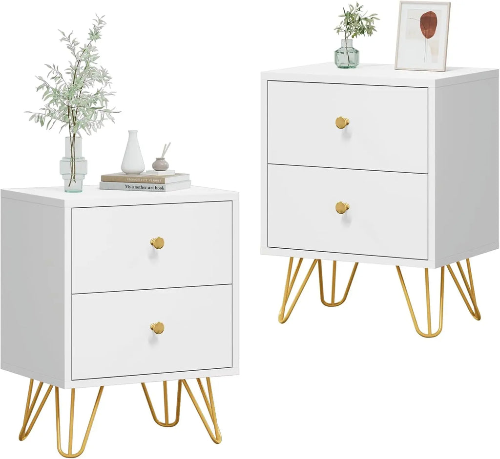 Nightstand Set of 2,, Bedside Table with 2 Drawers, Dual Night Stand Metal Legs and Knobs