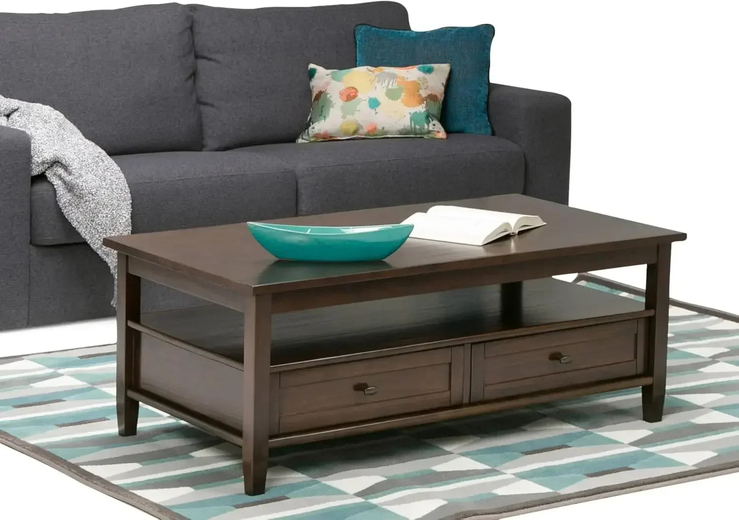 XMSJ.Warm Shaker SOLID WOOD 48 inch Wide Rectangle Rustic Coffee Table in Tobacco Brown, for the Living Room and Family Room