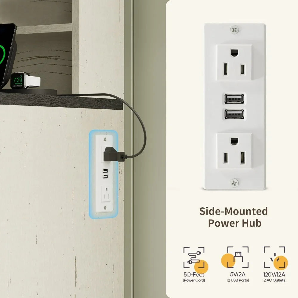 Rustic Farmhouse Style Vanity Desk with Glass Top, Sliding Lighted Mirror, and Built-in Power Outlet