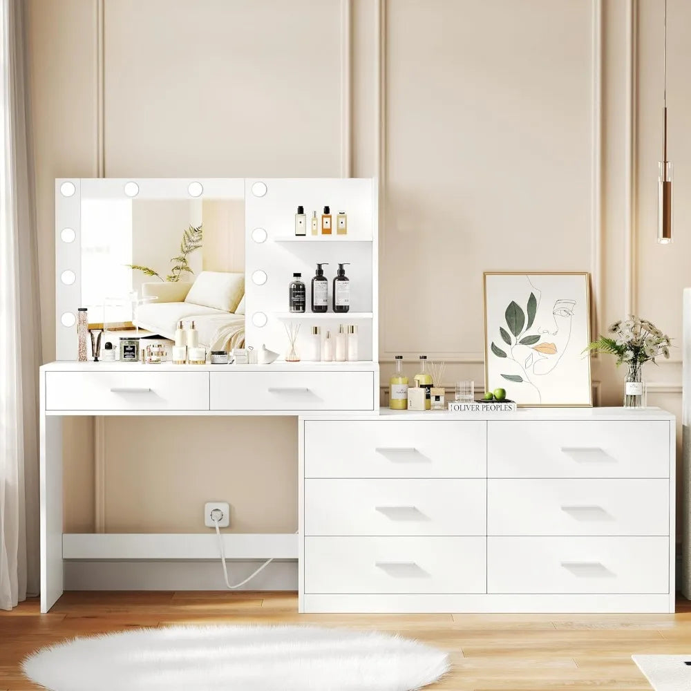 65-inch Vanity Desk with Luminated Mirror and 8-Drawer Storage Makeup Table