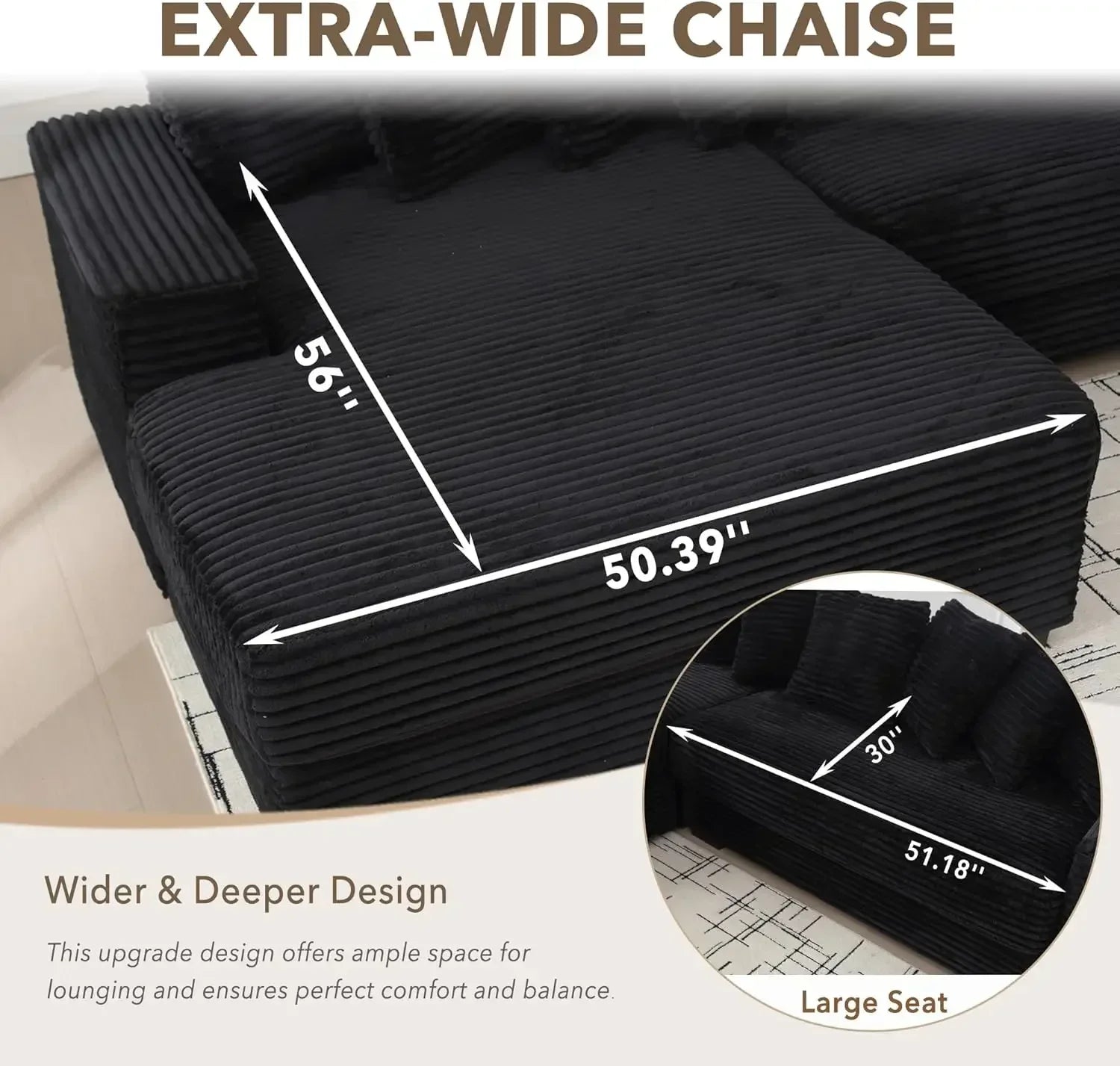 111'' Modern Sectional Sofa, L-Shaped Corduroy Couch with Left Chaise Daybed, Extra-Wide Oversized Lounge