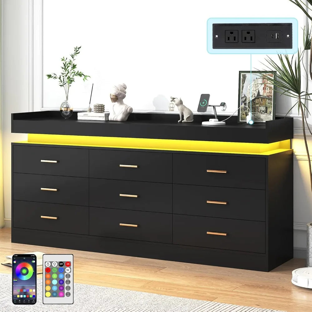 9 Drawer Dresser with Charging Station and LED Lights, Modern Chest of Drawers with Power Outlet, Organizer Cabinet for Bedroom,