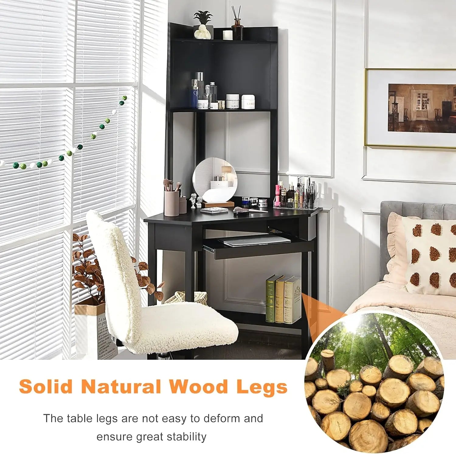 Corner Writing Desk with Hutch, 90 Degrees Triangle Small-Space Saving Computer Desk with Keyboard Tray & Bookshelves