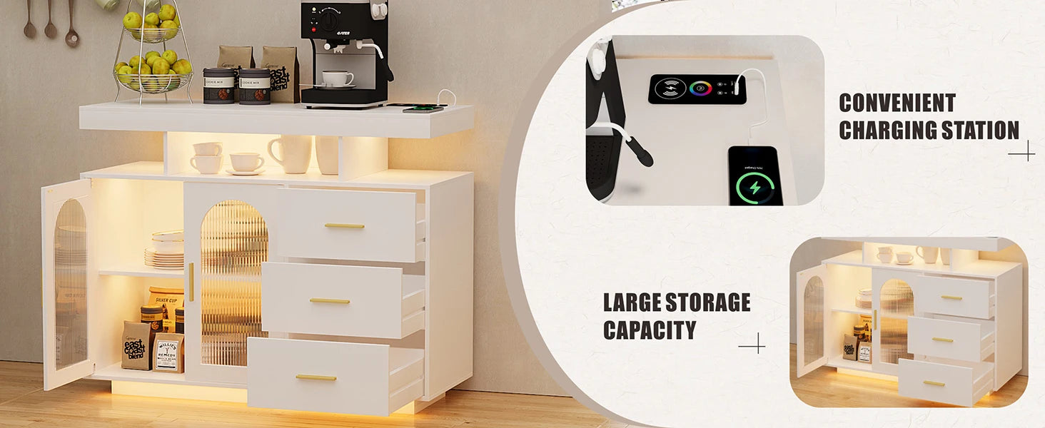 JDPAG 40" LED Buffet Cabinet with Wireless Charging Station, Auto Sensor RGB 20-Color Dimmable Sideboard