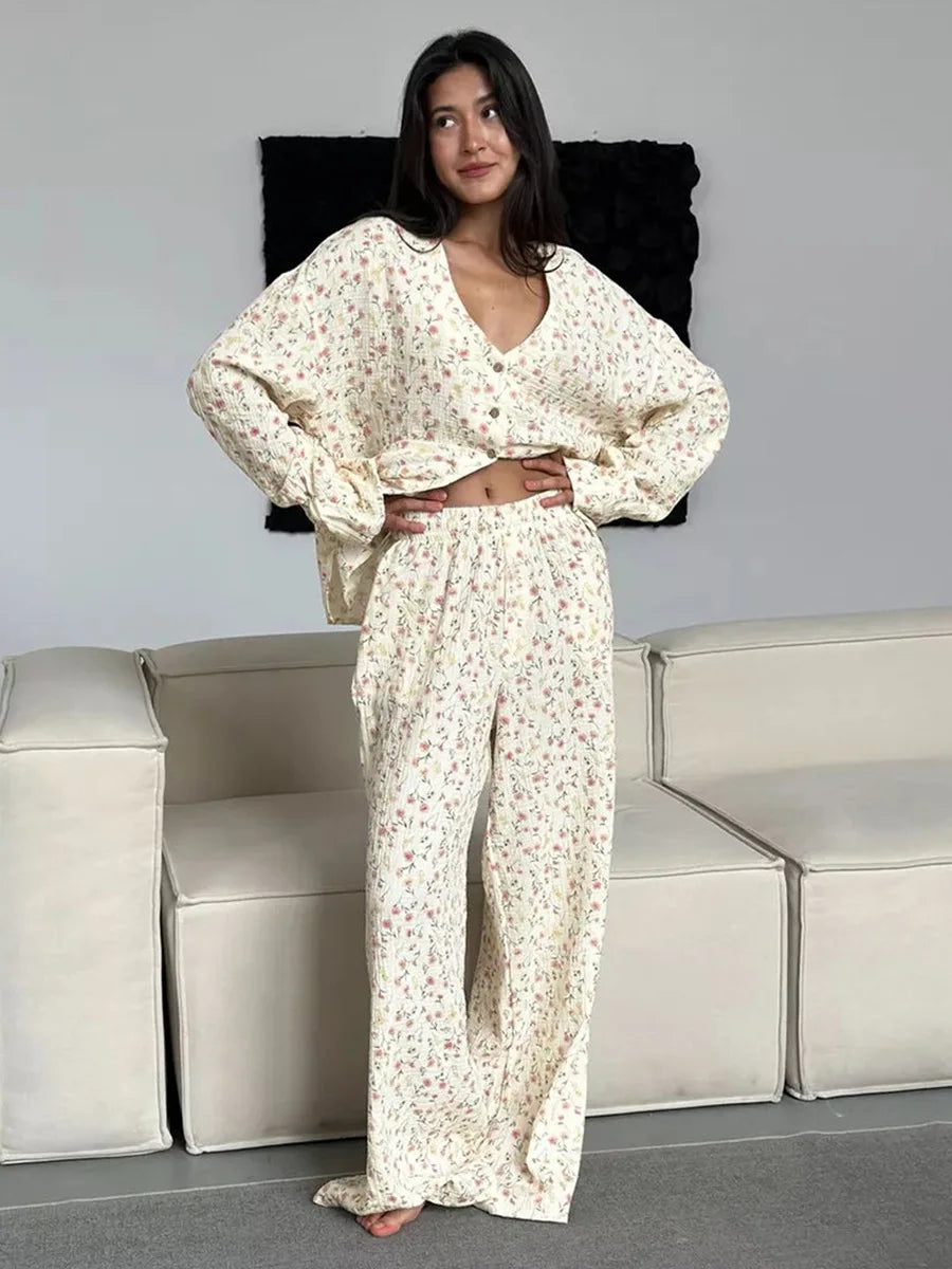 100% Cotton Printed Cardigan Pajama Set Women's / Long Sleeved Pants Pajamas/ Loose Home Clothing /2-piece Set