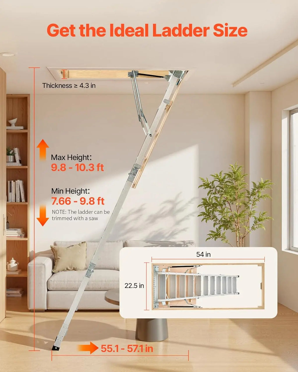 Adjustable Height Multi-Purpose Foldable Aluminum Attic Ladder with 375LBS/170KG Capacity, 9.8 to 10.3 ft/3 to 3.13 m Range