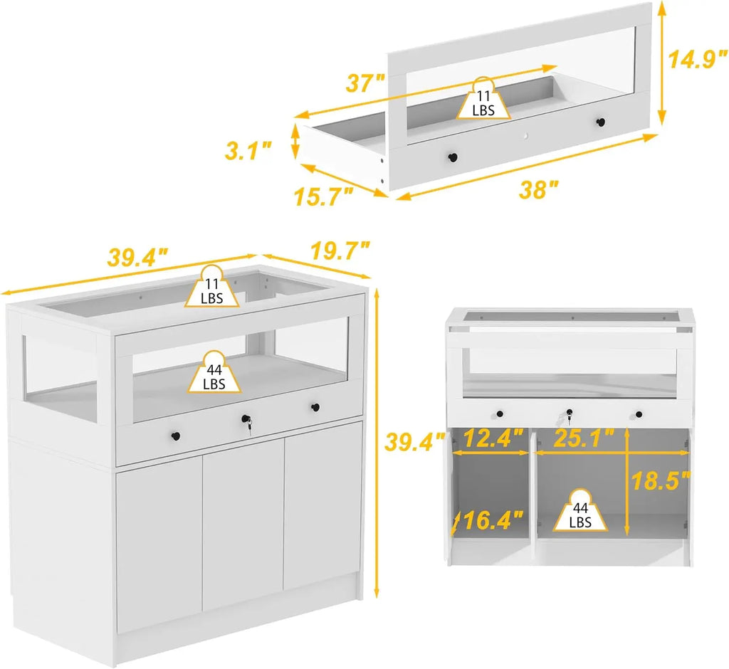 Lockable Glass Display Cabinet Closet Island ,Collectibles Showcase with 3 Doors, Walk in Display Island , Cloakroom, White
