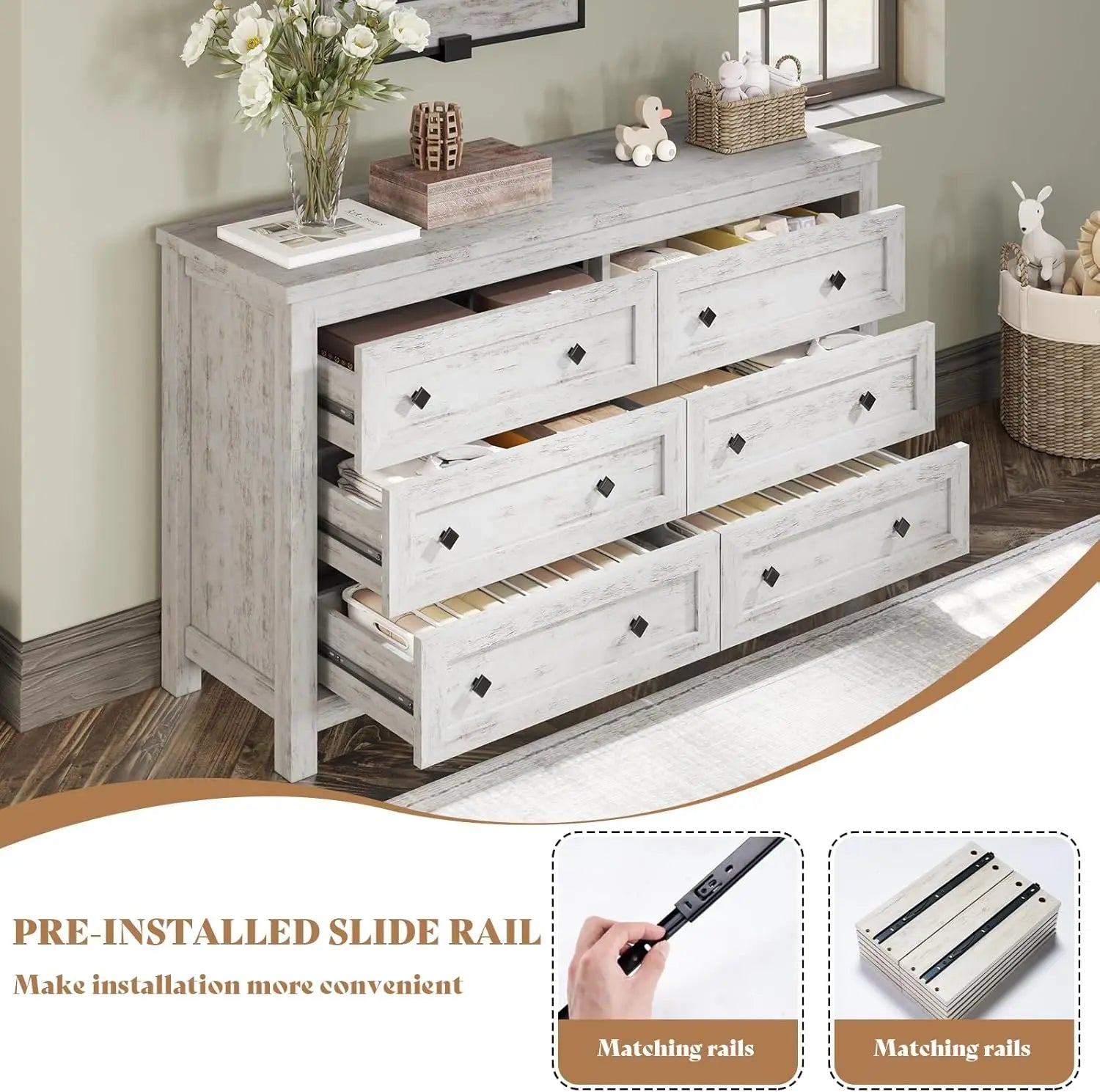 2-Piece Bedroom Set, Queen Bed Frame and 6 Drawer Dresser, Platform Bed with 51.2" LED Bookcase Headboard & 4 Under-Bed Drawers