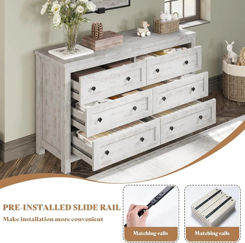 2-Piece Bedroom Set, Queen Bed Frame and 6 Drawer Dresser, Platform Bed with 51.2" LED Bookcase Headboard & 4 Under-Bed Drawers