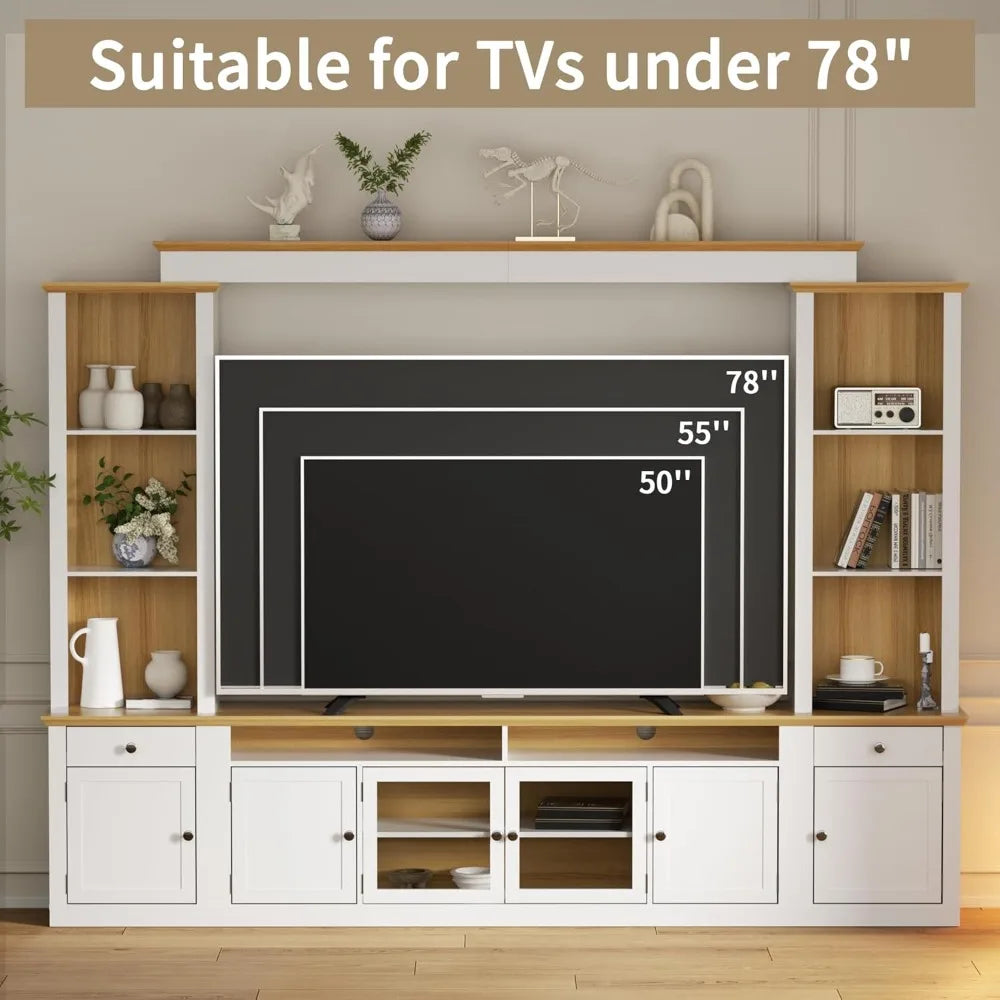 Large Farmhouse TV Stand with Cabinets for TVs Up to 78" Wall Unit Entertainment Center with Open Bookshelves and 2 Drawers 4-in