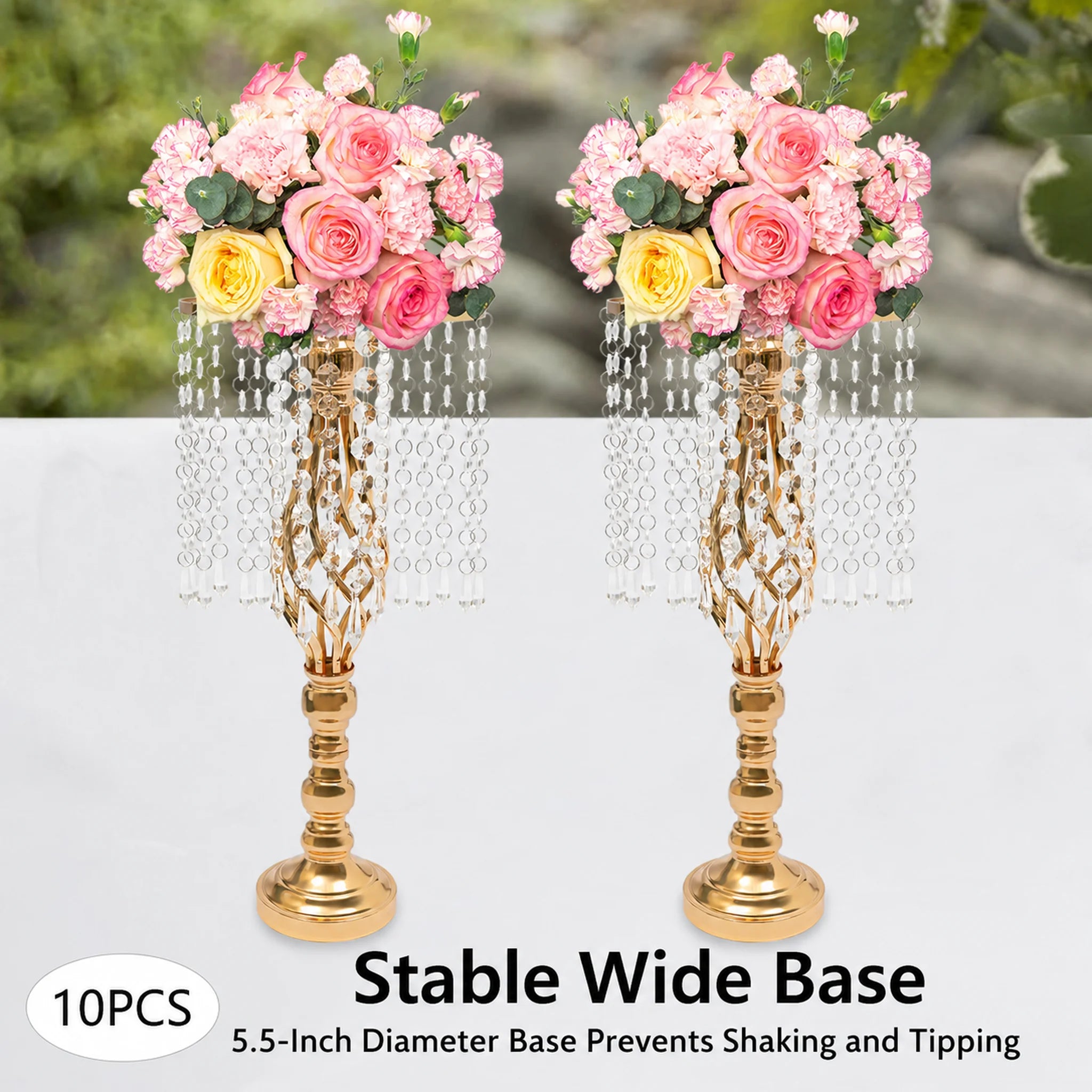 10Pcs Gold Electroplated Iron Crystal Flower Stand 19.3in Height 5.5in Wide Hanging Acrylic Crystal Chain