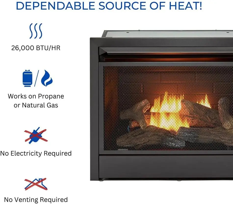 Ventless 26,000 BTU Heats 1,350 Square Feet Dual Fuel No-Clearance Gas Fireplace Insert with Remote Control, Black