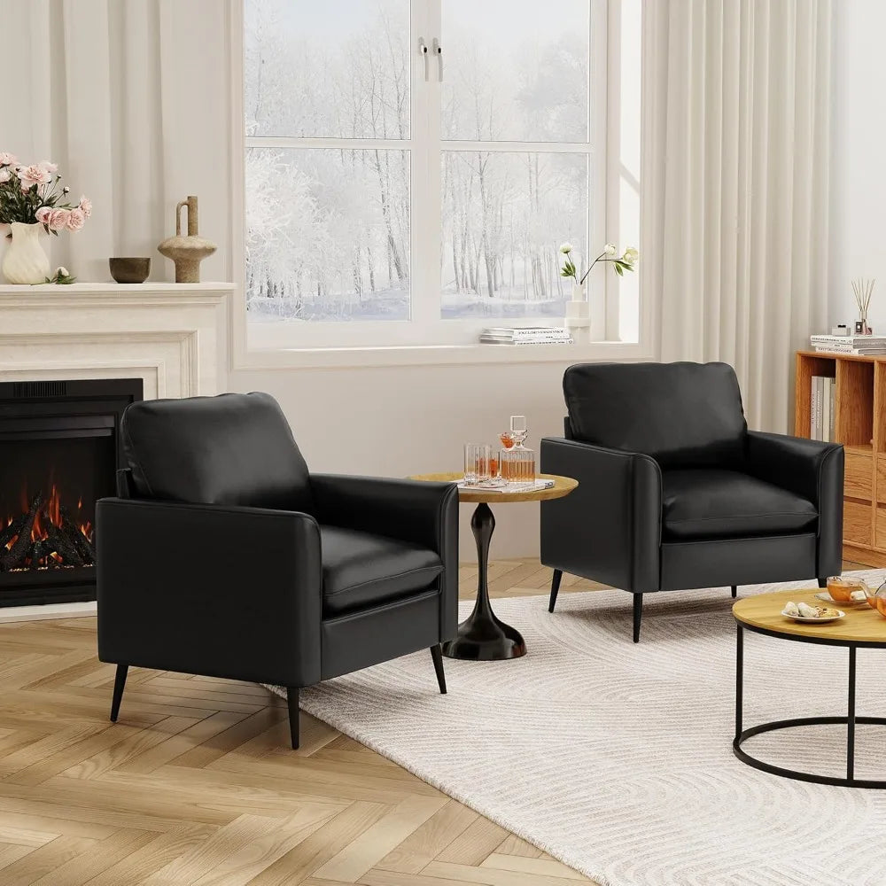 Accent Chairs Set of 2, Black Leather Accent Chair, Comfy Living Room Chair, Cozy Reading Sitting Chair, Mid Century Modern