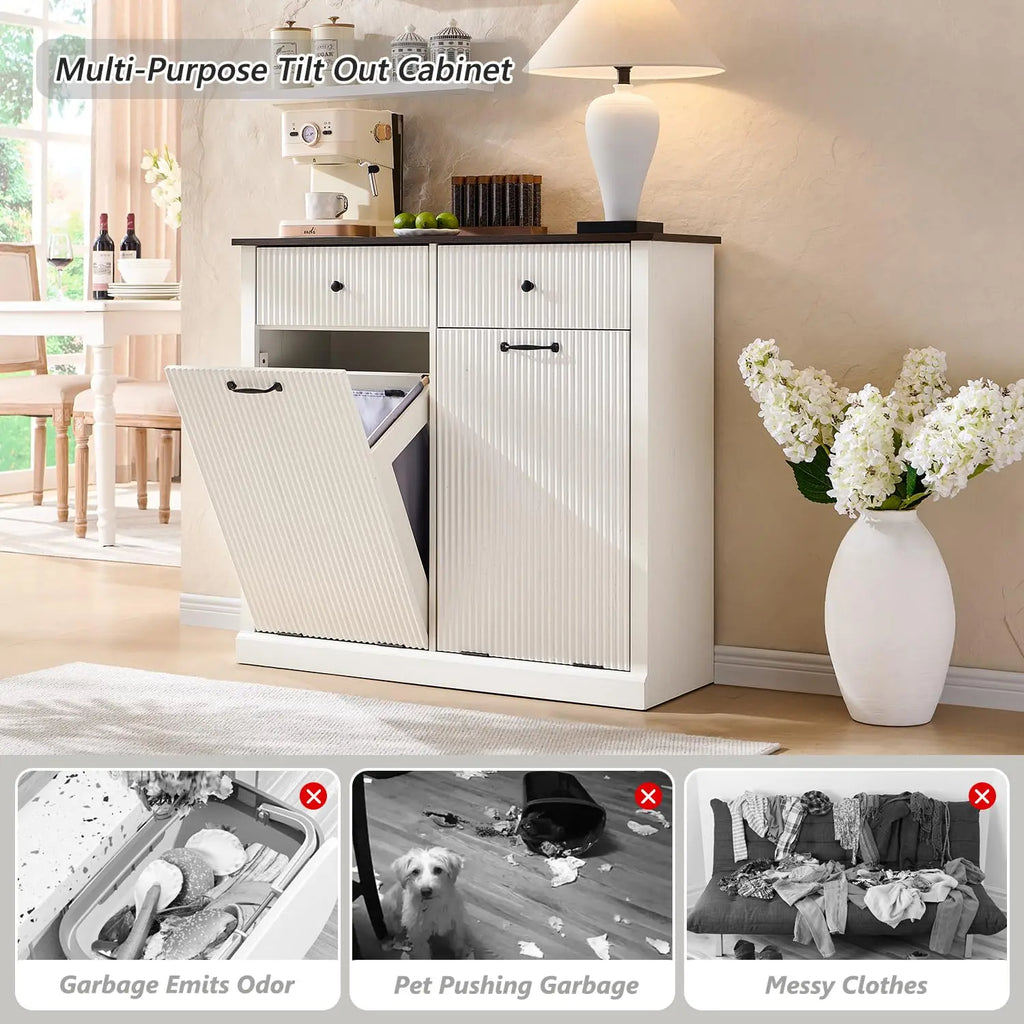 20 Gallon Fluted Laundry Hamper Cabinet w/2 Drawers, Wooden Hidden Garbage Can Cabinets with Storage Basket,White