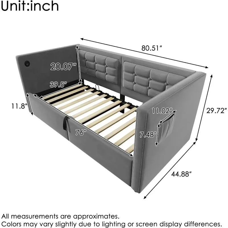 Twin Upholstered Velvet Daybed with Hydraulic Storage, USB & Type-C Ports, Wooden Slat Support, Tufted Sofa Bed Frame