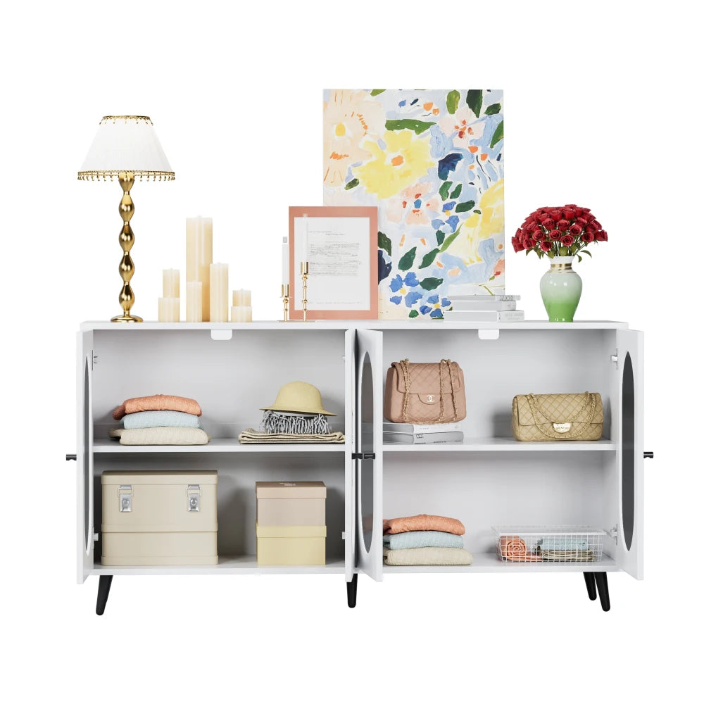 Buffet Cabinet 60'' Storage Cabinet/ 4 Acrylic Doors/ Accent Cabinet/ Sideboard Cabinet for Hallway /Entry /Living Room/ White