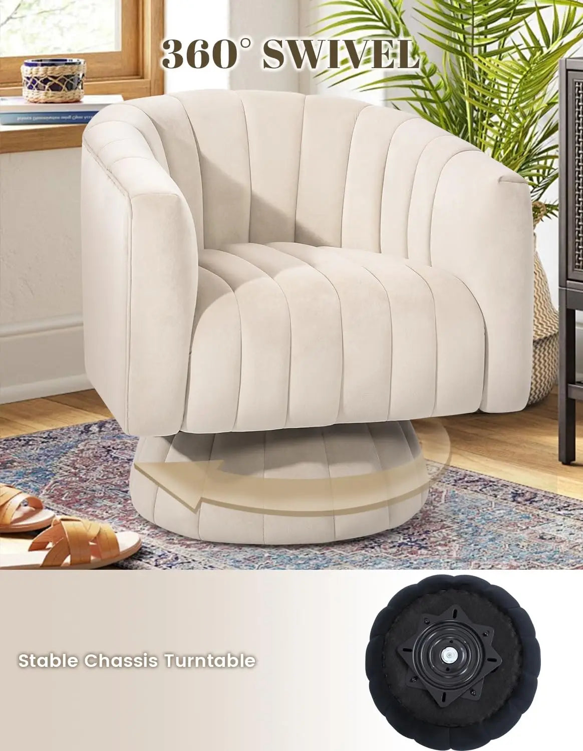 360° Swivel Accent Chair with Armrest Set of 2 Mid Century Tufted Velvet for Living Room/ Bedroom /Reading/ Beige