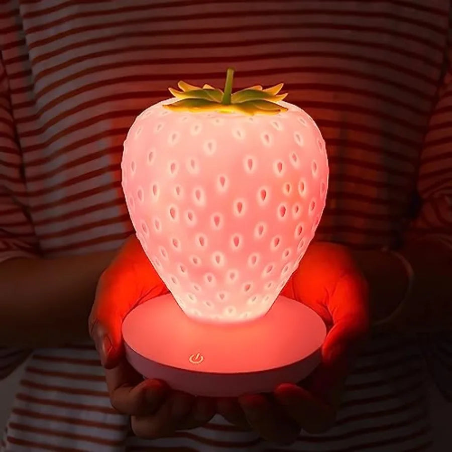 Strawberry Night Light Decor- LED Cute Silicone Strawberry Lamp - USB Rechargeable - 3 Modes Touch Bedside Color Changing Lamp