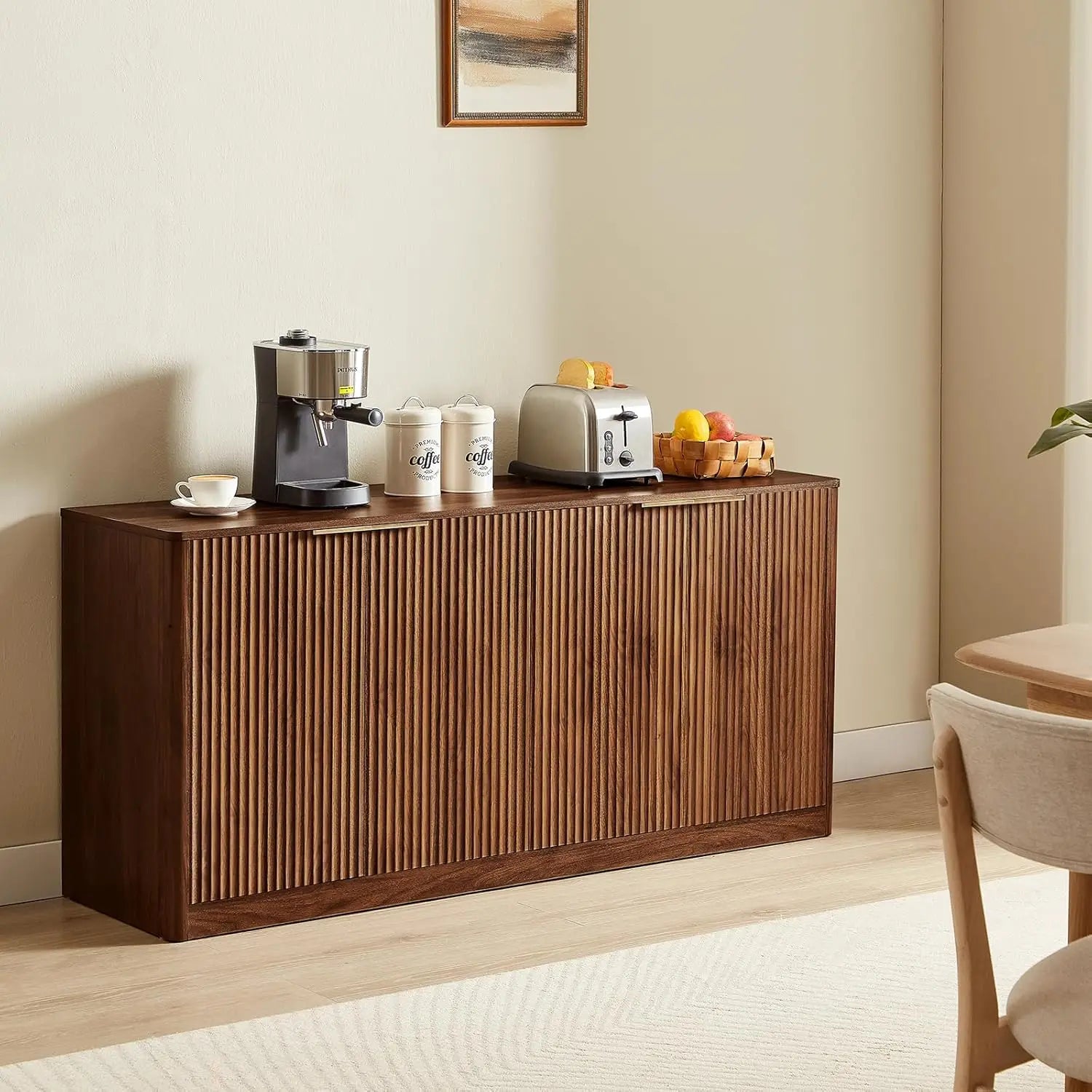 59" Fluted Walnut Sideboard Buffet Cabinet , Large Buffet Cabinet , Wood Mid Century Modern Sideboard
