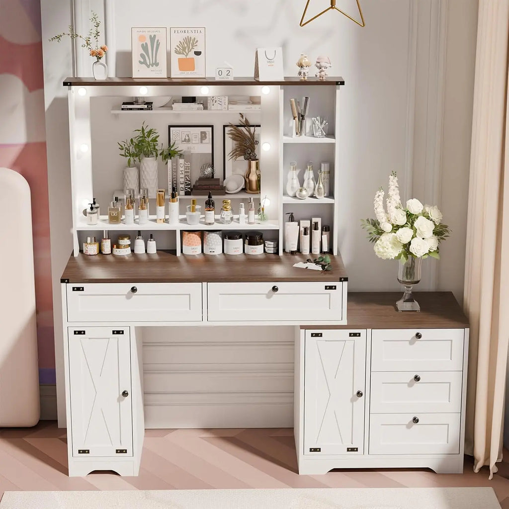 Expansive Makeup Vanity Table with Tri-Color Lighting and Ample Storage Featuring 5 Generous Drawers
