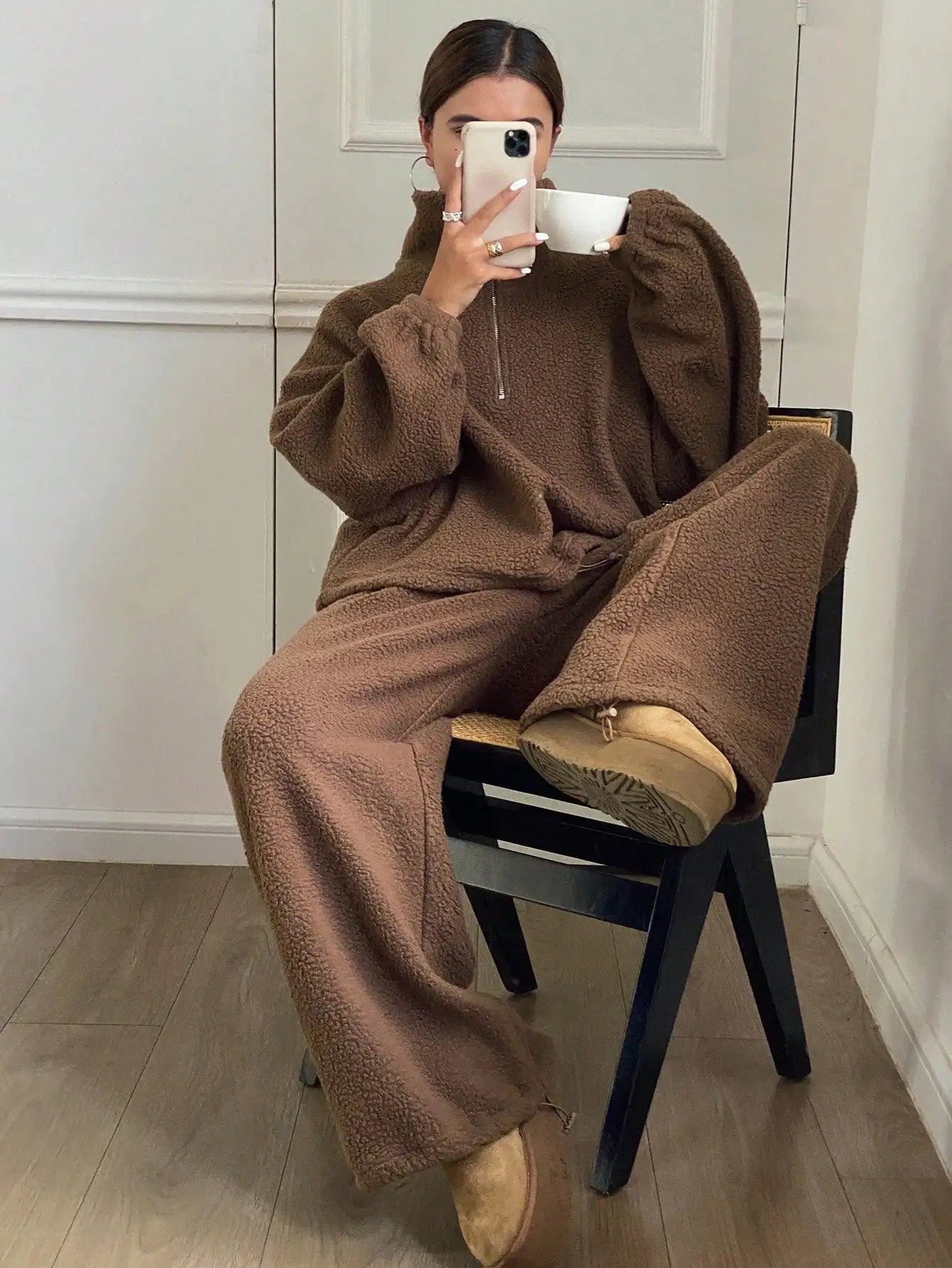 Women's Cozy Fleece Lounge Set with Half Zip Top & Wide Leg Pants, Fall/ Winter Thermal Tracksuit