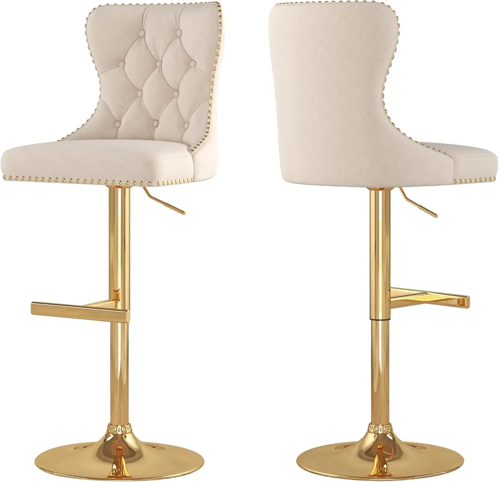 Bar Stools Set of 2, Velvet Swivel Counter Height Stoolsk, Adjustable Seat with Nailheads Trim, Upholstered Bar Chairs