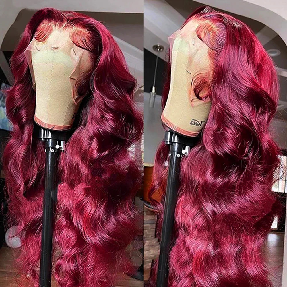 30 inch 99J Burgundy Lace Front Wigs Human Hair 13x6 Body Wave/ Lace Front Wigs/ Wine Red Lace Front Wig /180% Density