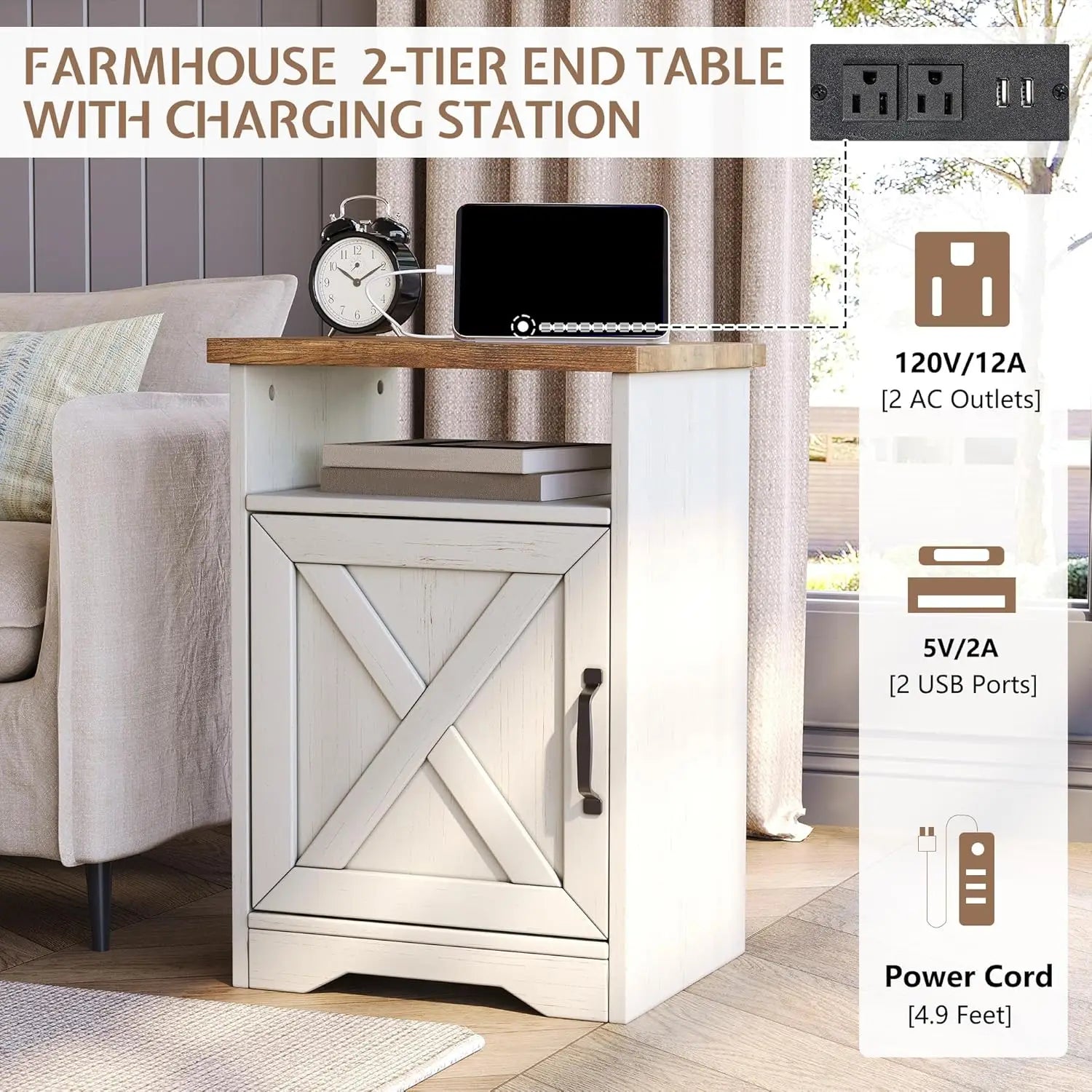 3-Piece Farmhouse Living Room Table Sets, Includes 1 X Coffee Table, 2 X End Tables With Charging Station & USB Ports