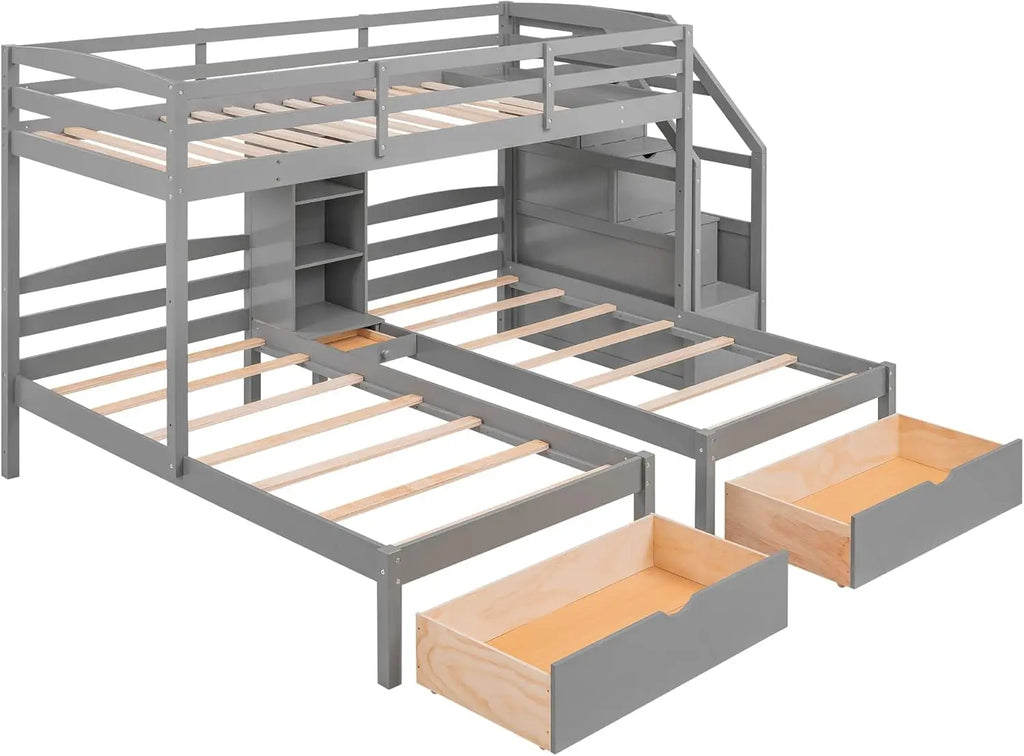 Harper & Bright Designs Woodentriple Bunk Beds With Stairs & Storage Drawers,Twin Over Twin Bunk Bed For 3 Kids, 3 Bunk Beds