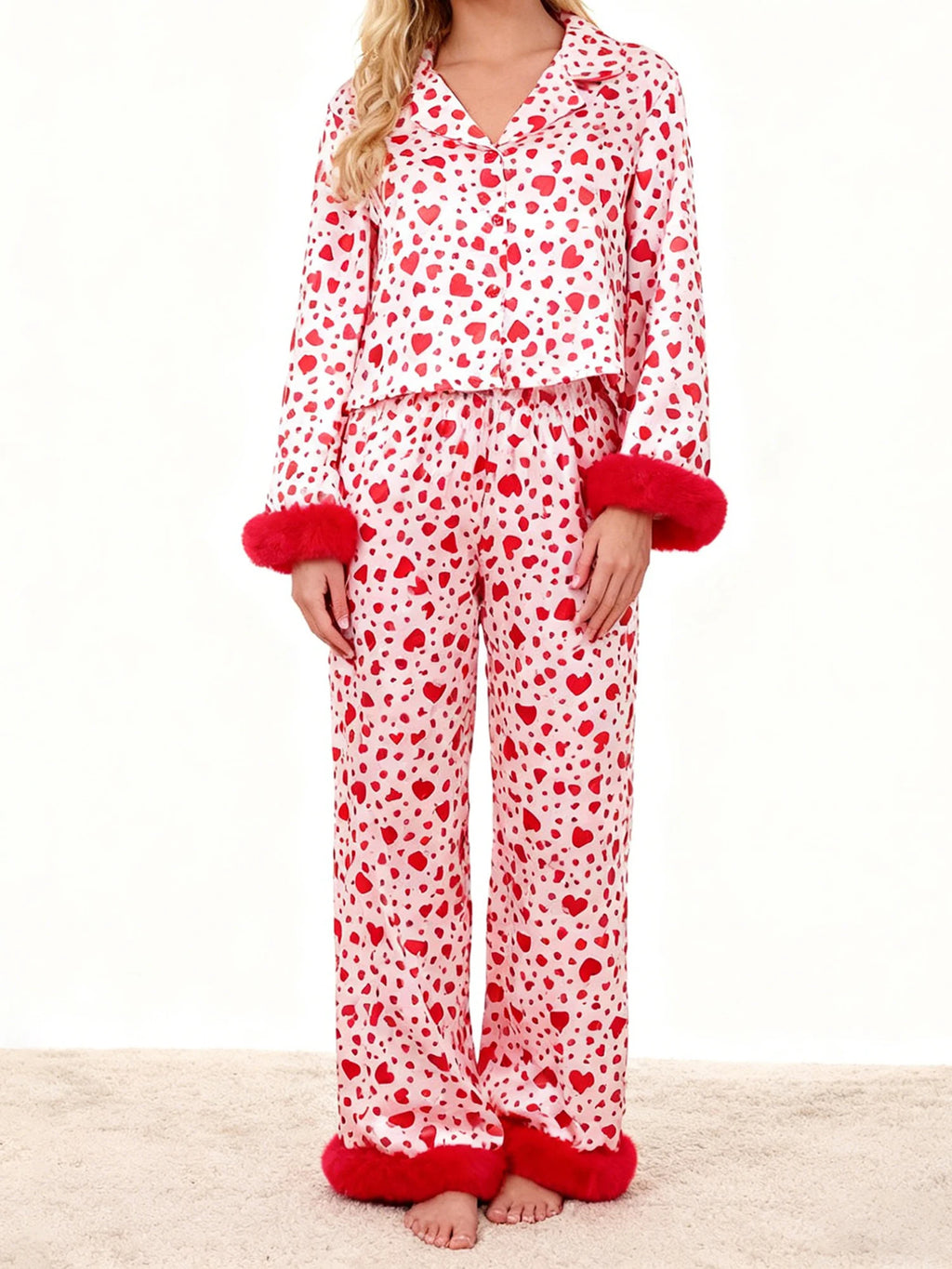Valentine s Day Women s Pajama Set with Heart Print Long Sleeve Button Up Top and Pants Lounge Wear 2 Piece Set for Comfort