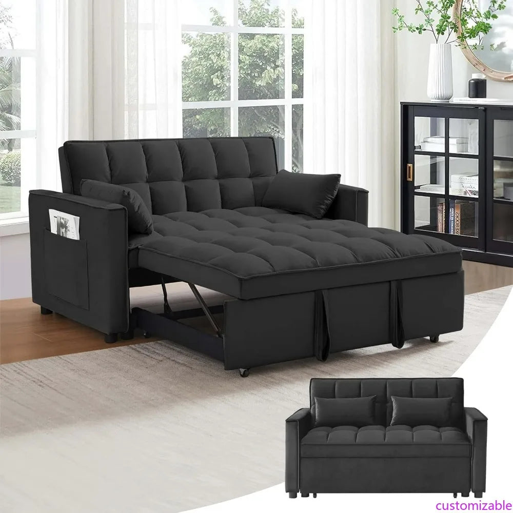 55 Inch 3-in-1 Sleeper Loveseat, Velvet Futon Sofa with Adjustable Reclining Backrest and Pull Out Couch, Includes Pillows