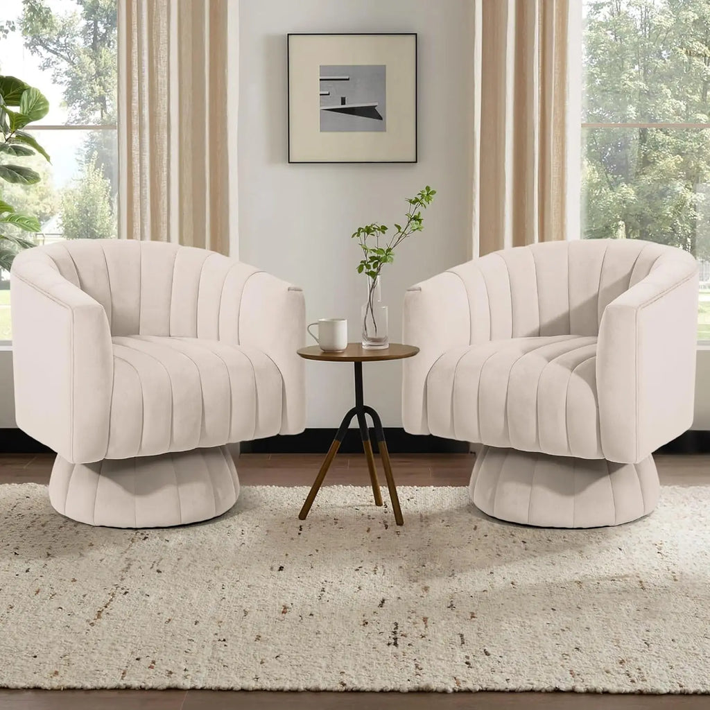 360° Swivel Accent Chair with Armrest Set of 2 Mid Century Tufted Velvet for Living Room/ Bedroom /Reading/ Beige
