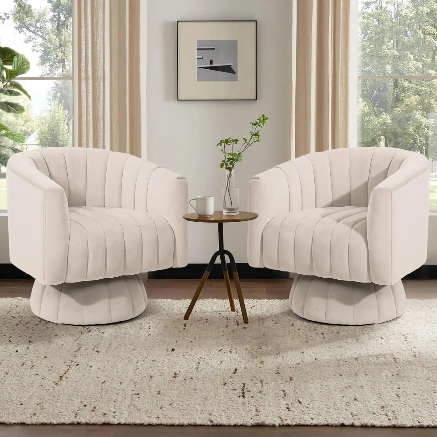 360° Swivel Accent Chair with Armrest Set of 2 Mid Century Tufted Velvet for Living Room/ Bedroom /Reading/ Beige