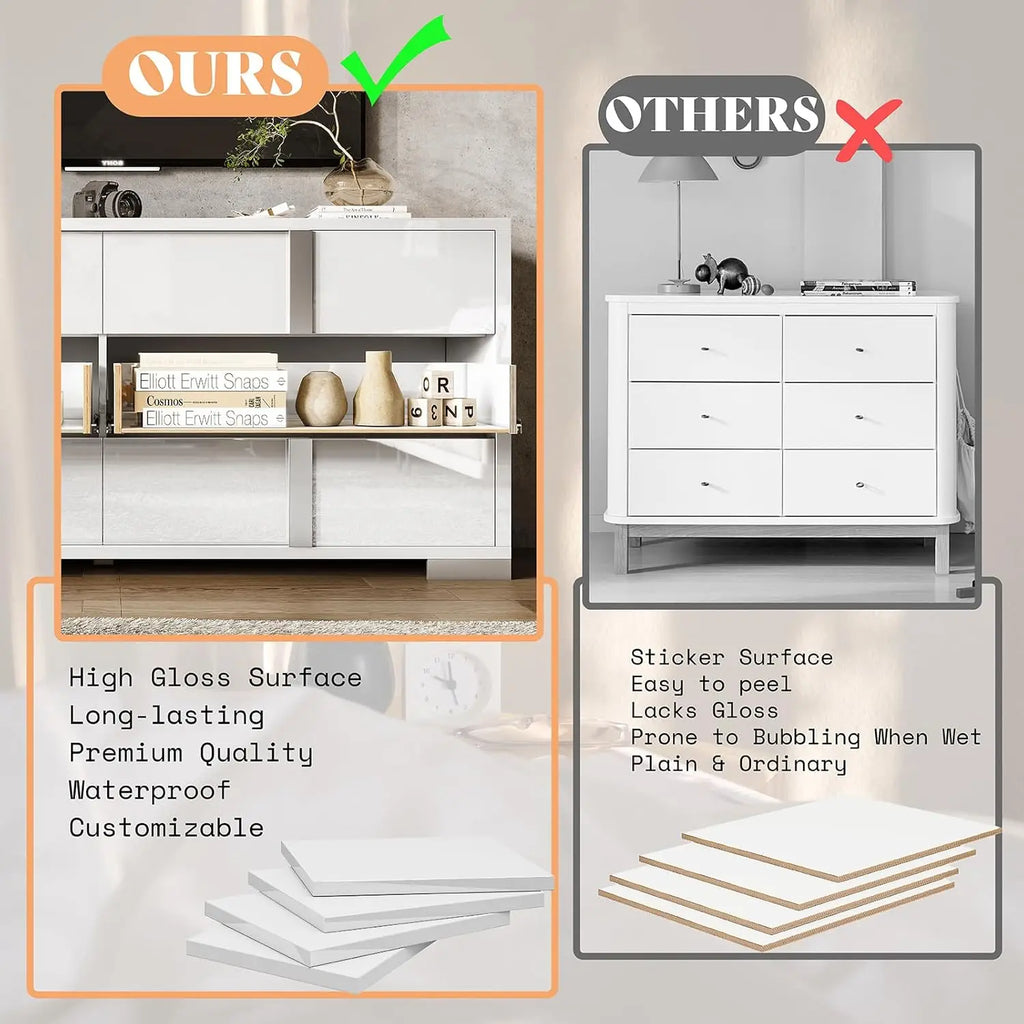 Modern Storage Chest of Drawers with Wide Tabletop,54" W High Gloss 6 Drawers Dresser with Silver Grooved Handles