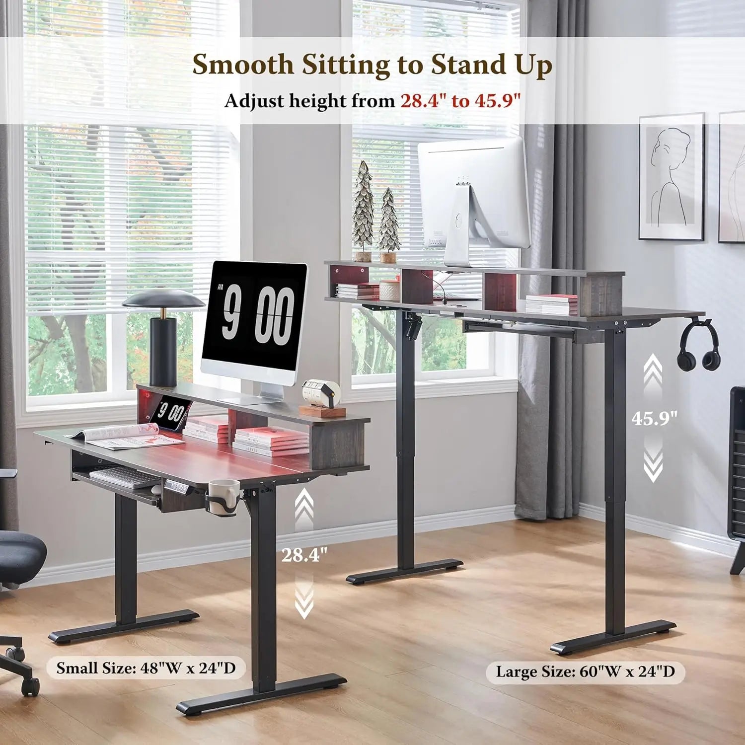 48" Gaming Desk, Electric Standing Desk with Height Adjustable, Power Outlets, LED Lights, Keyboard Tray, and Monitor Shelf