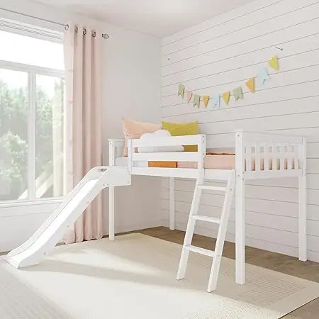 Twin-Size Low Loft Bed with Slide and Ladder - Durable Solid Wood Children's Bedroom Furniture, Supports Up to 400 Pounds