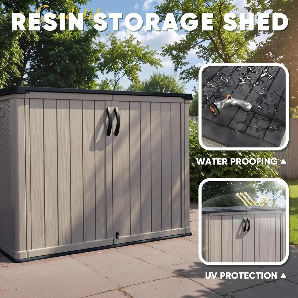 Outdoor Storage Cabinet 26 Cu Ft with Pad-Lockable Doors, Horizontal Storage Shed, Waterproof, Patio, Tools, Storage Box