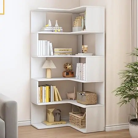 White 66" High 6-Tier L-Shaped Wooden Corner Bookshelf with Open Shelves