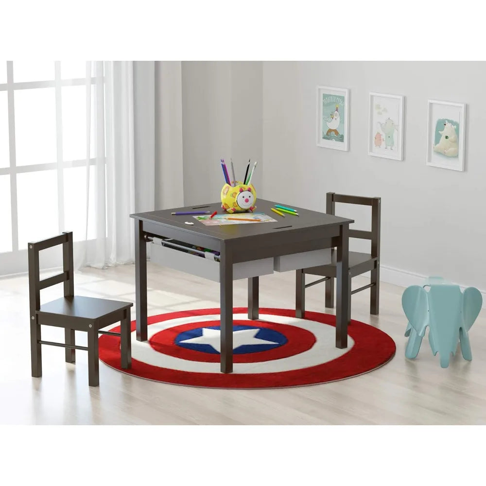 Wooden 2 in 1 Kids Construction Play Table and 2 Chairs Set with Storage Drawers, and Built in Plate for Lego and Dominos