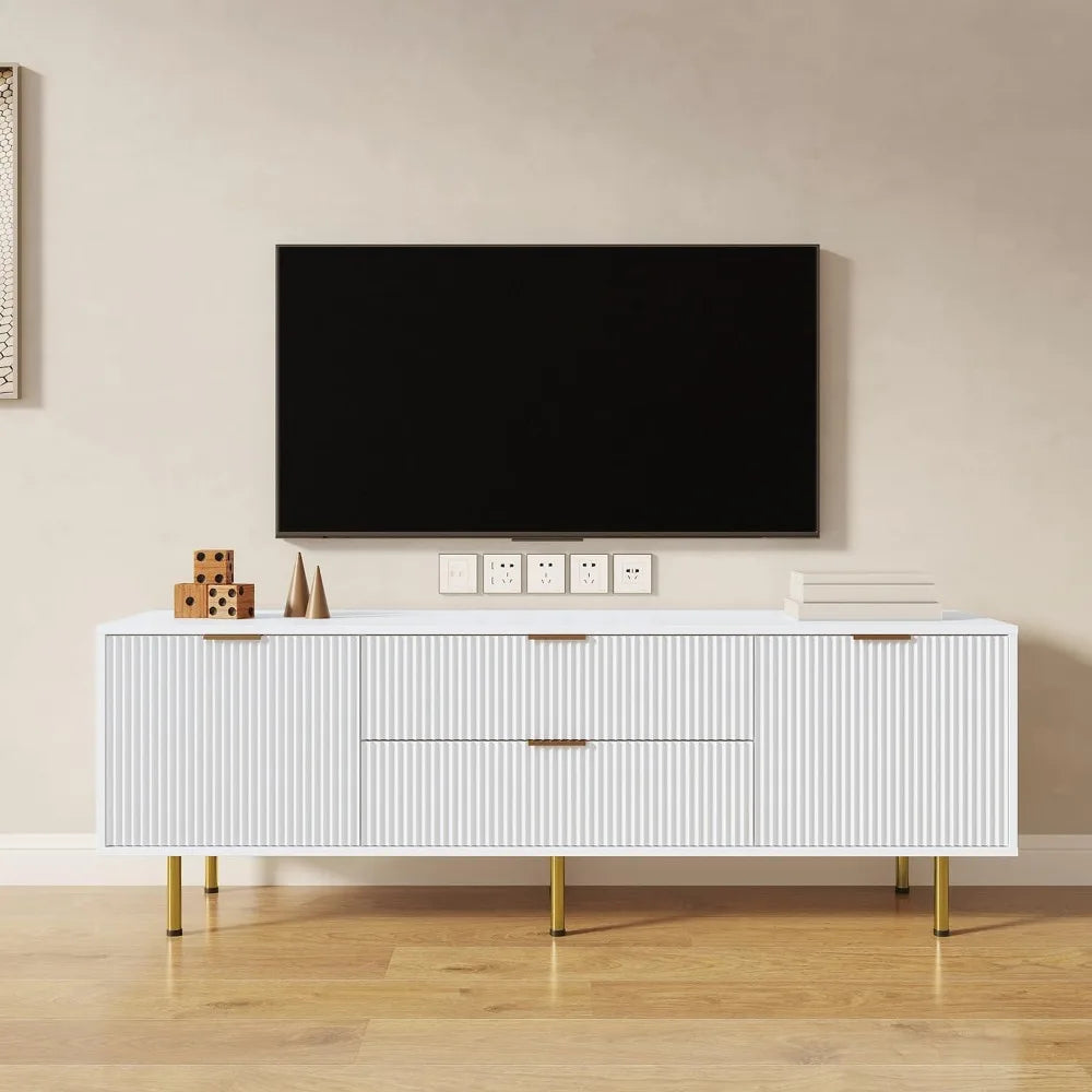 TV Stand for 70+ Inch TV, Modern Media Console, White TV Stand for Bedroom, Entertainment Center with Drawers, Soft-Close Doors