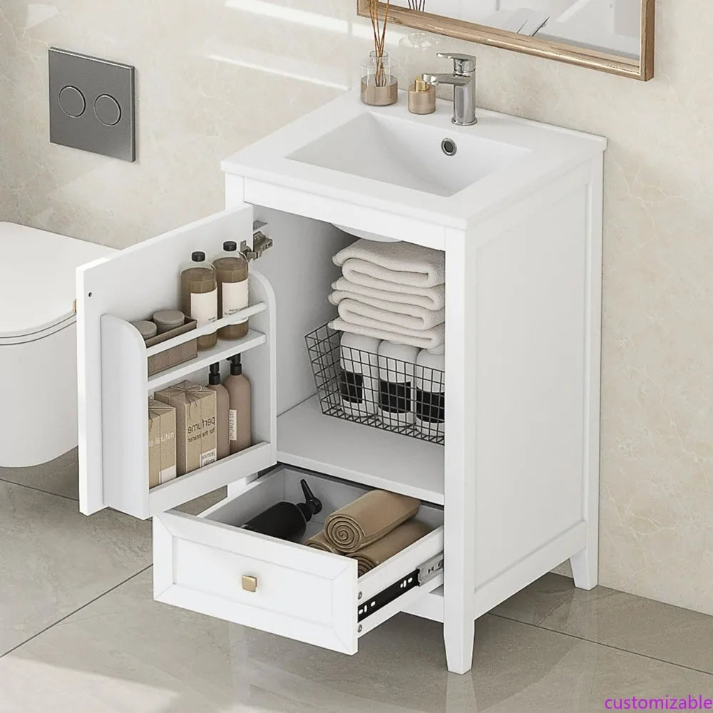 20 Inch Solid Wood and MDF Bathroom Vanity Cabinet with Undermount Sink, Storage Shelf, Single Drawer, and Soft-Closing Door