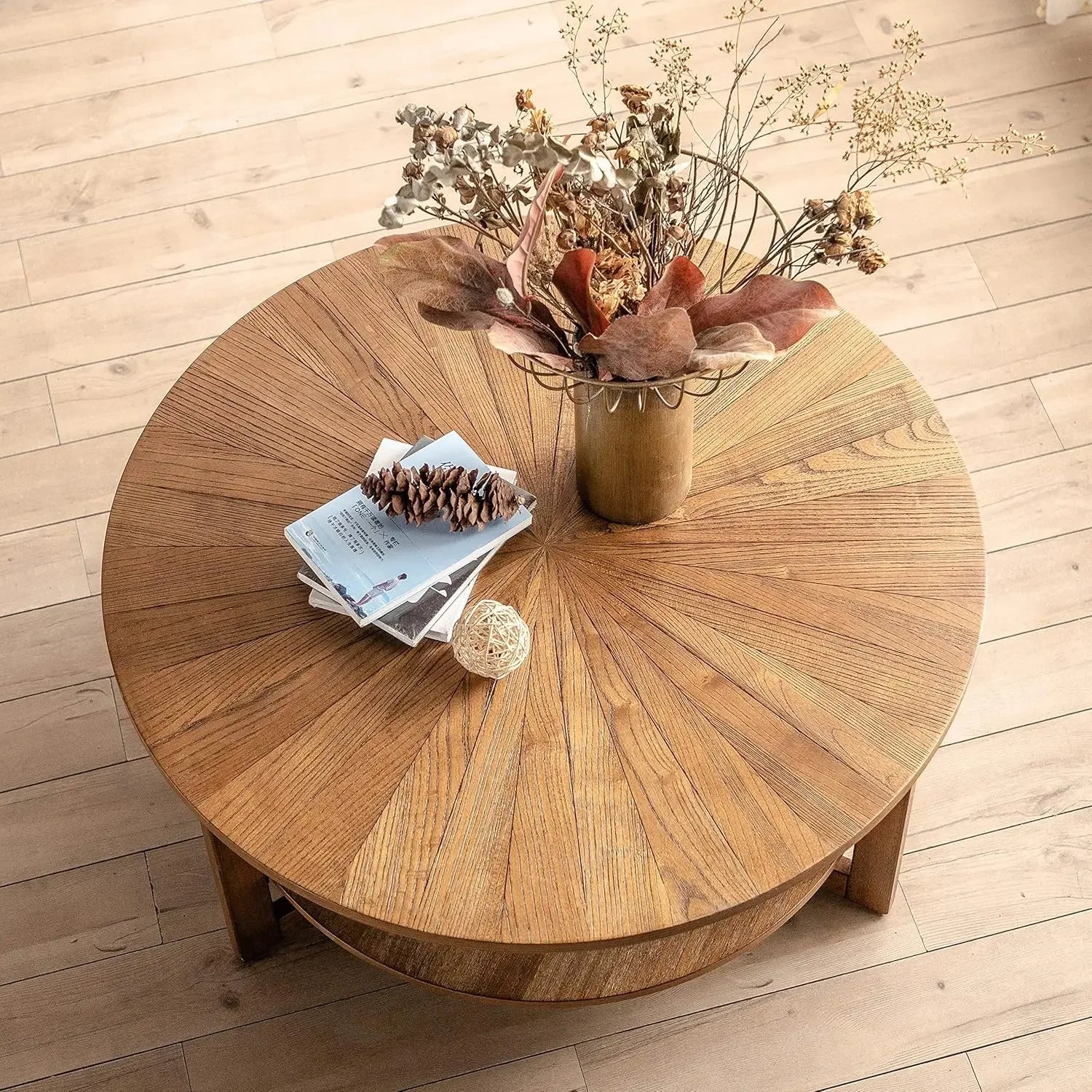 Wood Round Coffee Table for Living Room, 2 Tier Circle Coffee Table with Storage, Rustic Natural Coffee Table (35" Dx35 Wx18 H)