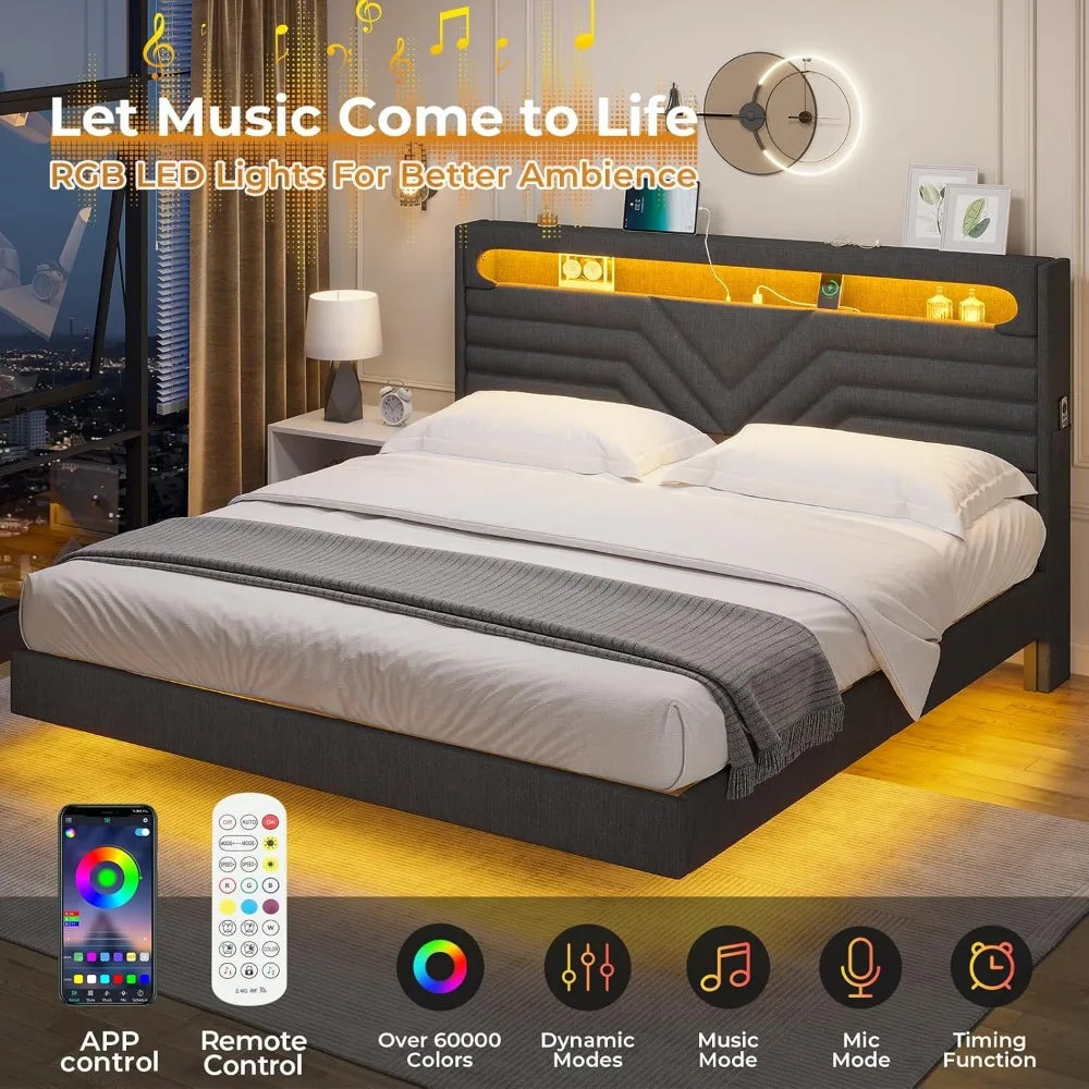 Queen Floating Bed Frame with Storage Headboard & LED Lights, Upholstered Platform Bed Frame with Type-C & USB Charging