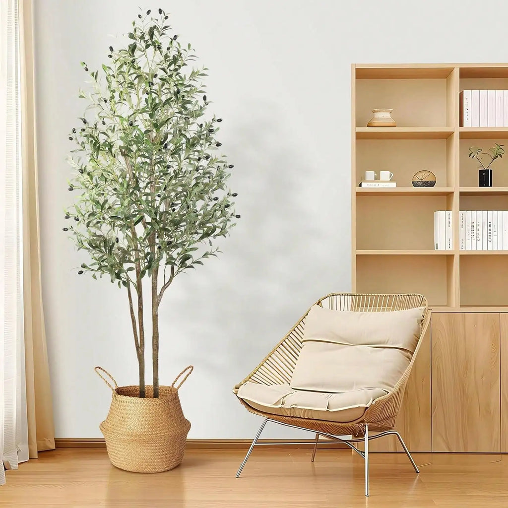Artificial Olive Tree - 5-7ft (60-84in) Realistic Silk Plant with Natural Wood Trunk and Lifelike Fruit